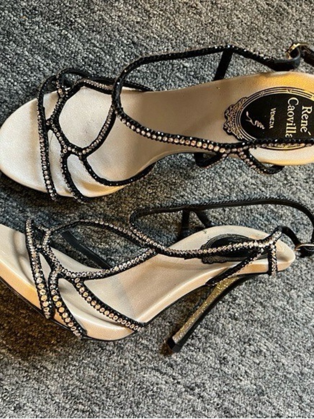 Rene Caovilla Black Crystal Strappy Stiletto Sandals